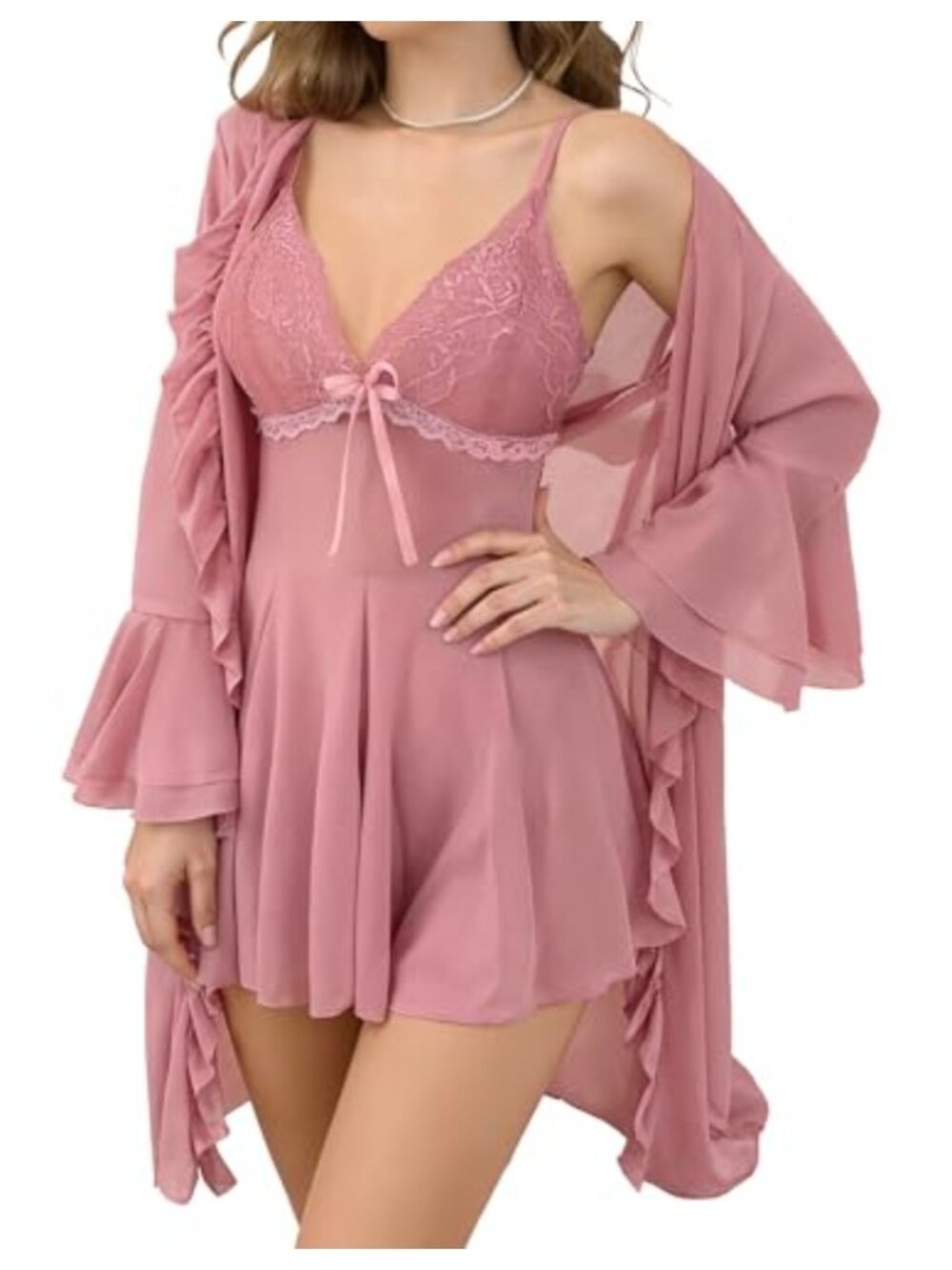 Women's Mesh Lace Cami Nightgown Robe Set Sleepwear